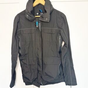 Kuhl Soft Shell Jacket medium Full Zip Dark Grey Outdoors Hiking hide away hood